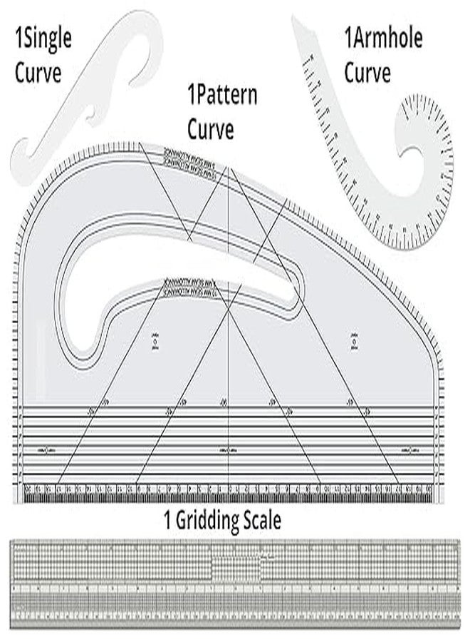 NTGS 4-Piece Sewing Pattern Ruler Set - French Curve, Hip Curve, Armhole Curve & Grid Ruler for Fashion Design, Garment Making & Tailoring - Transparent Plastic Drafting Tools - Image 2